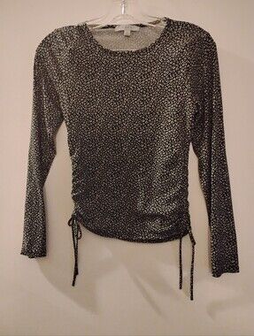 GAZE Long Sleeve Cinch Hem Juniors' Top - Black With White Specs Prints Girls XS